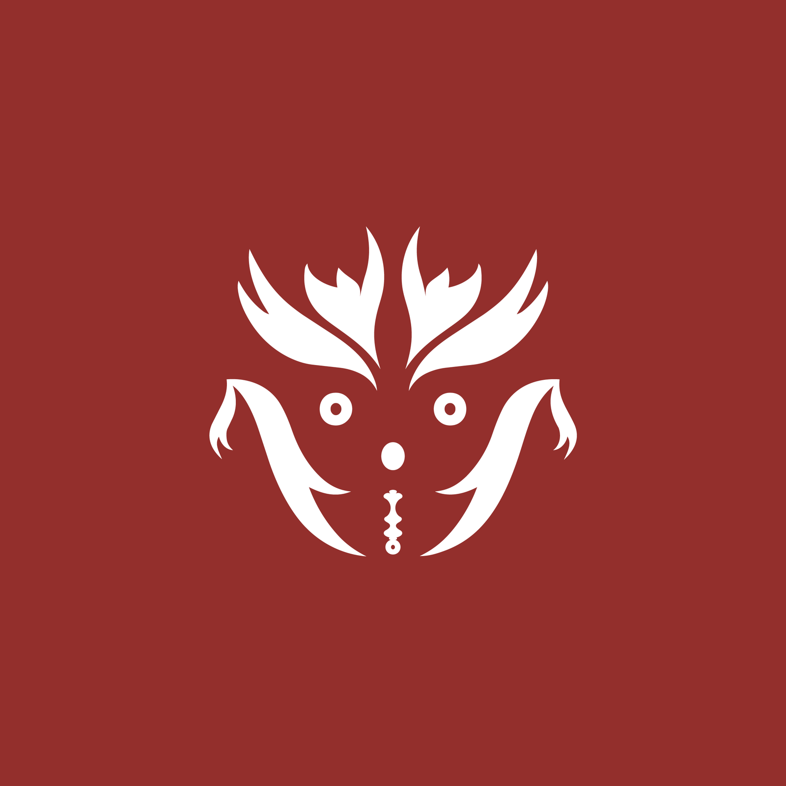 Zora logomark in white on a dark red background, a symmetrical emblem resembling an intimate mask with flame‑like shapes at the top, curved horn‑like elements on the sides, circular eye motifs, and a central vertical detail suggesting mouth and ornamentation. The composition also represents the human body, merging identity and form.