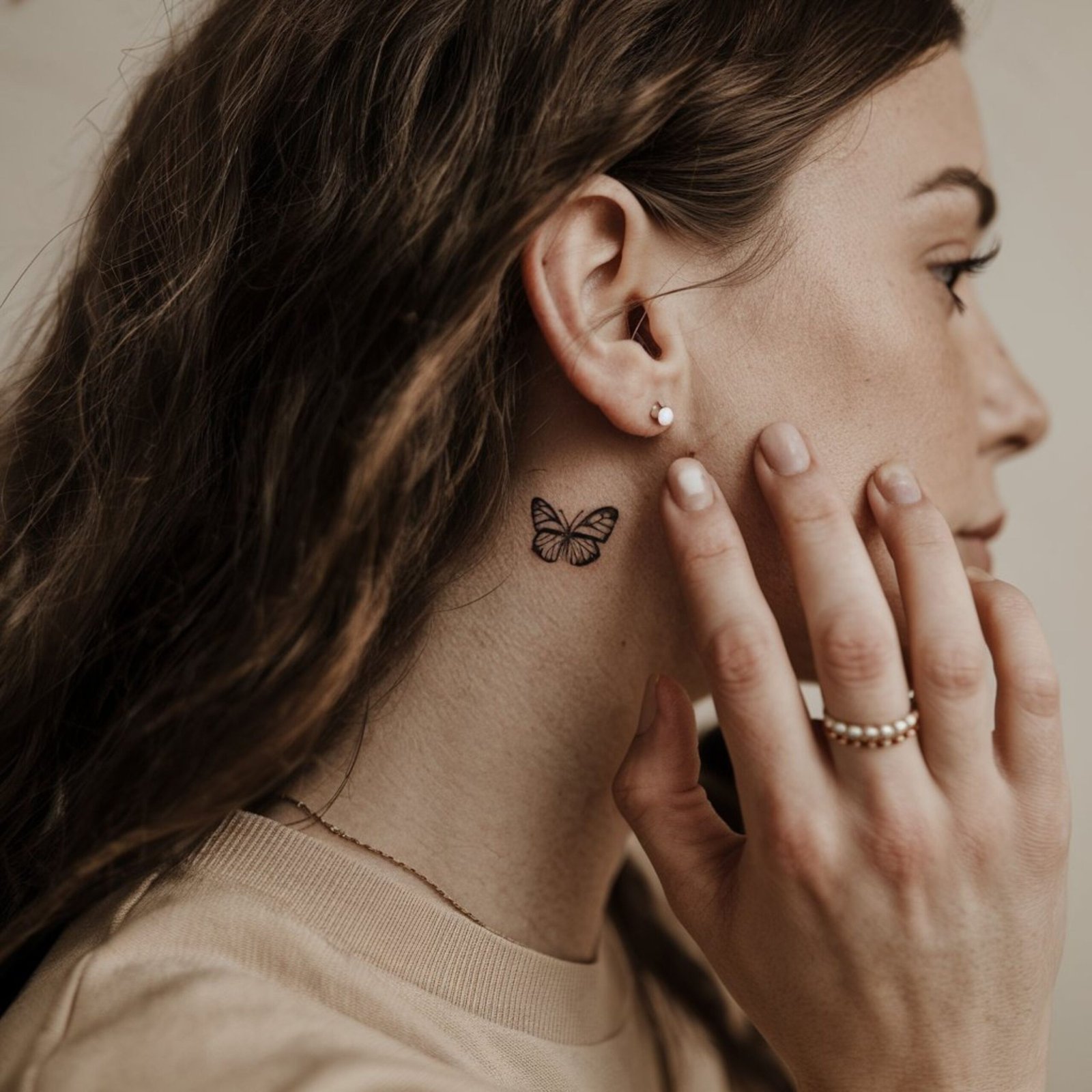 Side profile of a beautiful woman with long brown hair, wearing a beige top, showing a delicate black butterfly tattoo below her left ear, with hand gently touching her neck adorned with rings.