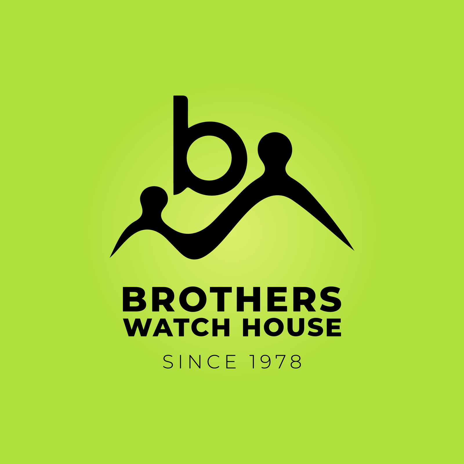 Full Brothers Watch House logo on a bright green background, featuring a stylized black lowercase ‘b’ integrated with two abstract figures, with text ‘Brothers Watch House Since 1978’ below.