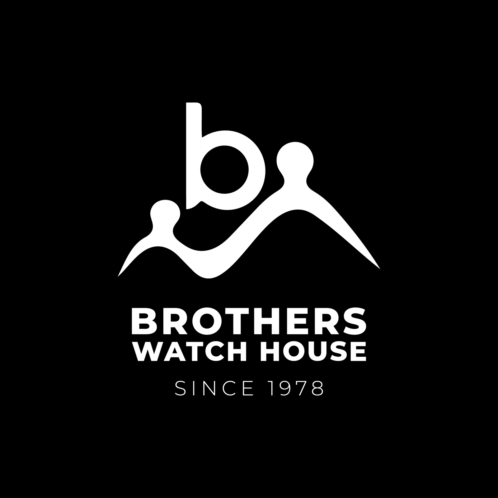 Full Brothers Watch House logo in white on a black background, featuring a stylized lowercase ‘b’ integrated with two abstract figures, with text ‘Brothers Watch House Since 1978’ below.