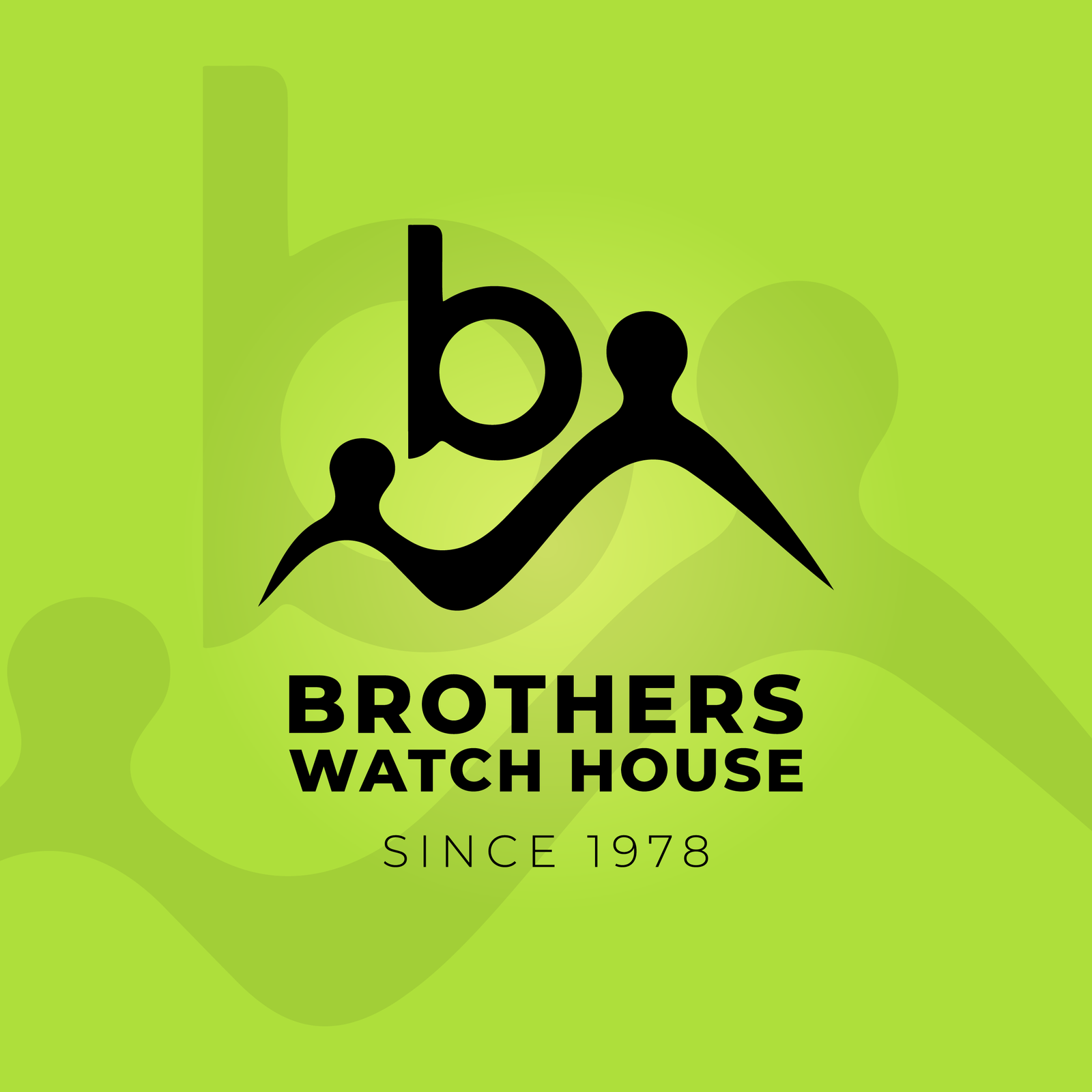 Full Brothers Watch House logo on a bright green background, featuring a stylized black lowercase ‘b’ integrated with abstract figures, with text ‘Brothers Watch House Since 1978’ below.