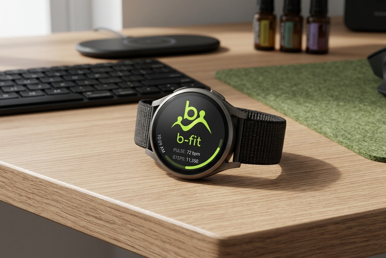 Smartwatch with a black strap resting on a wooden desk, displaying fitness stats including pulse, steps, and time, with bright green graphics against a dark screen.