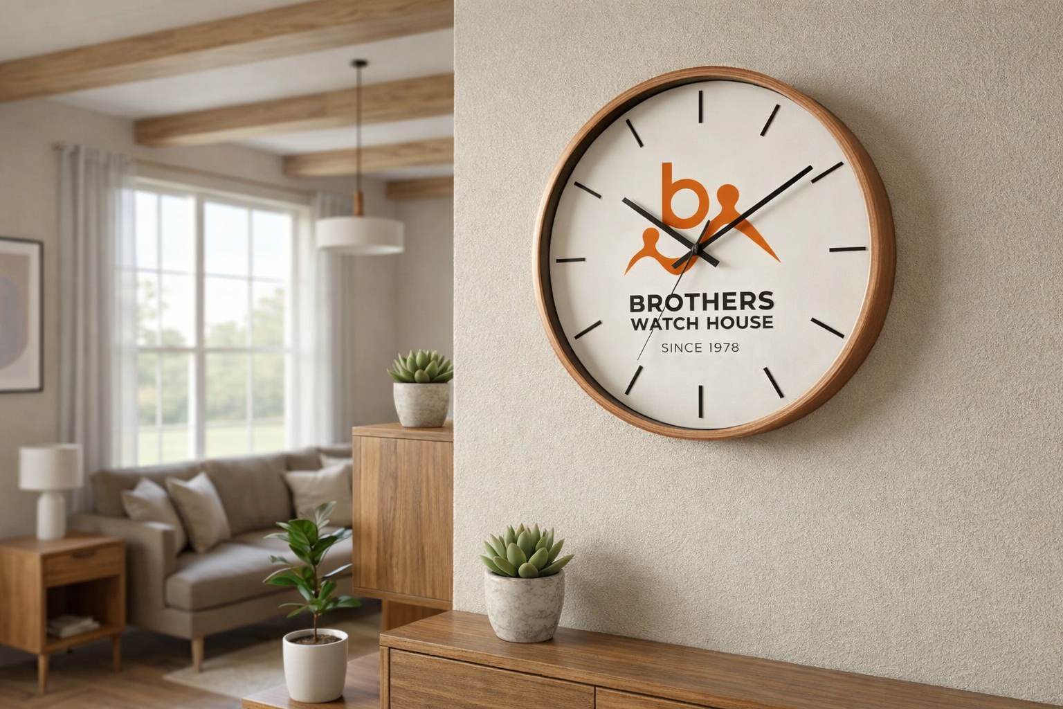 Modern living room with a large wooden‑framed wall clock featuring minimalist black markers, black hands, and the Brothers Watch House logo with text ‘Since 1978.’