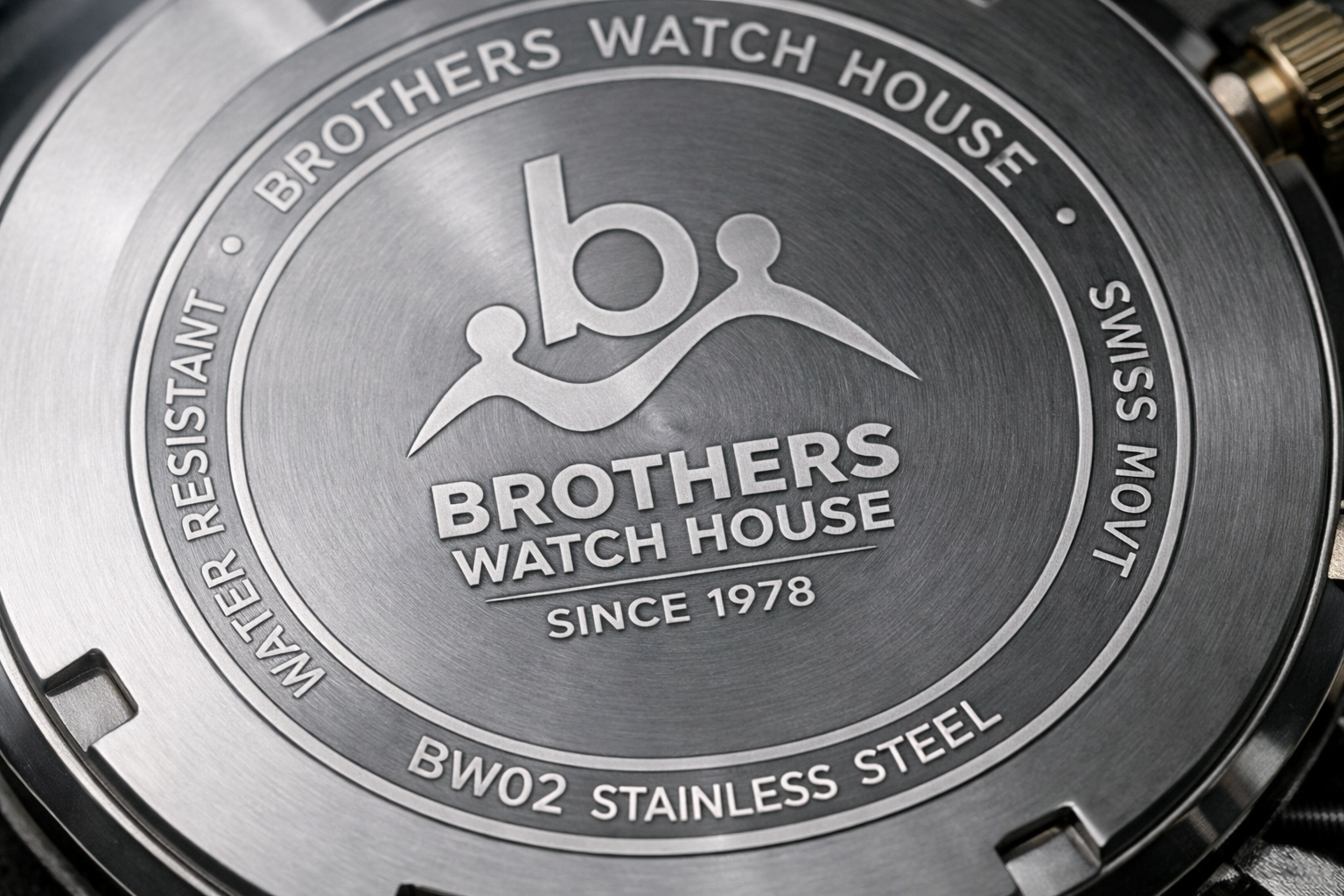Close-up of a stainless steel wristwatch back engraved with Brothers Watch House logo and specifications, including water resistance and Swiss movement.