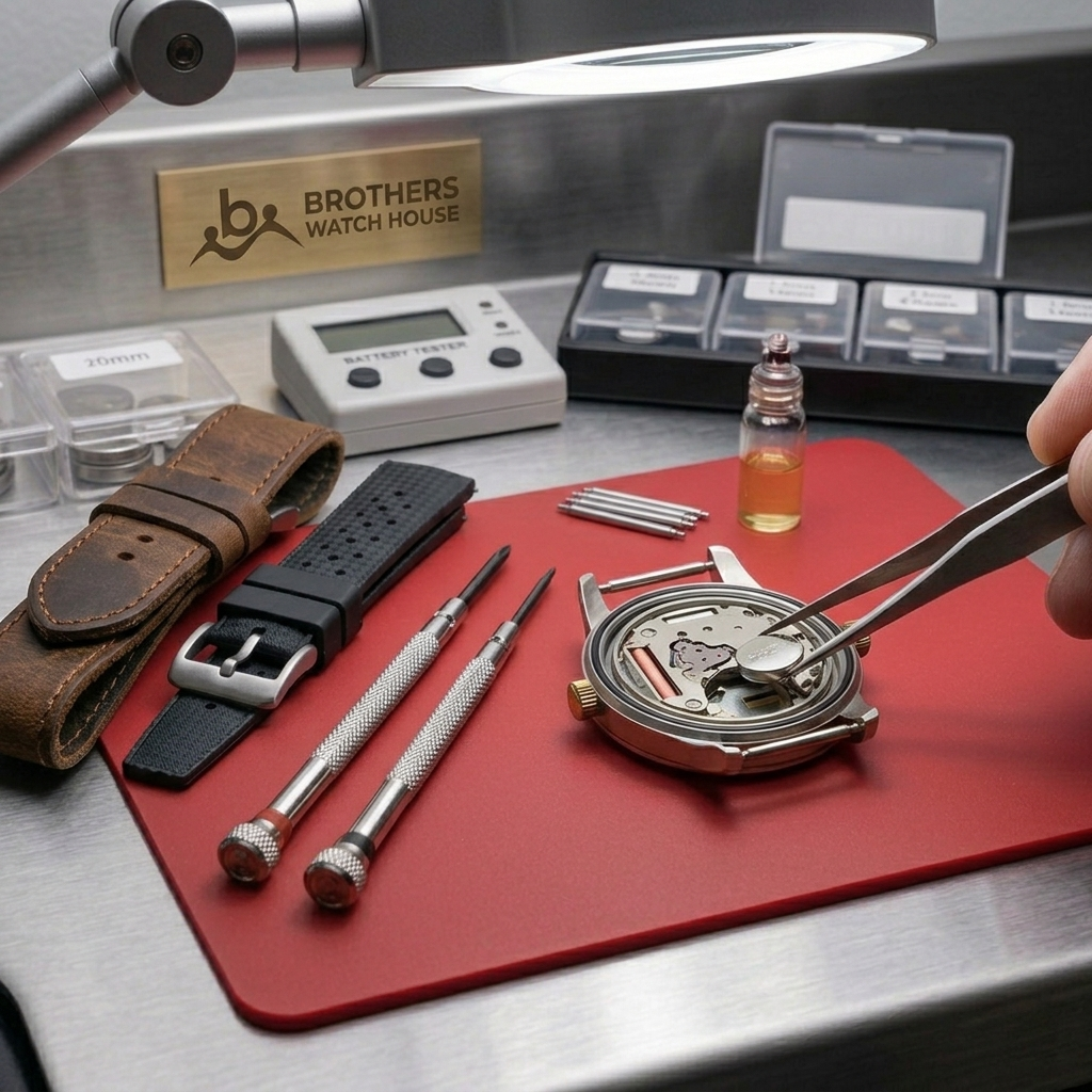 Close-up of a watch repair workstation with an open wristwatch case on a red mat, precision tweezers handling components, and tools, straps, and parts arranged around it under bright lamp light.