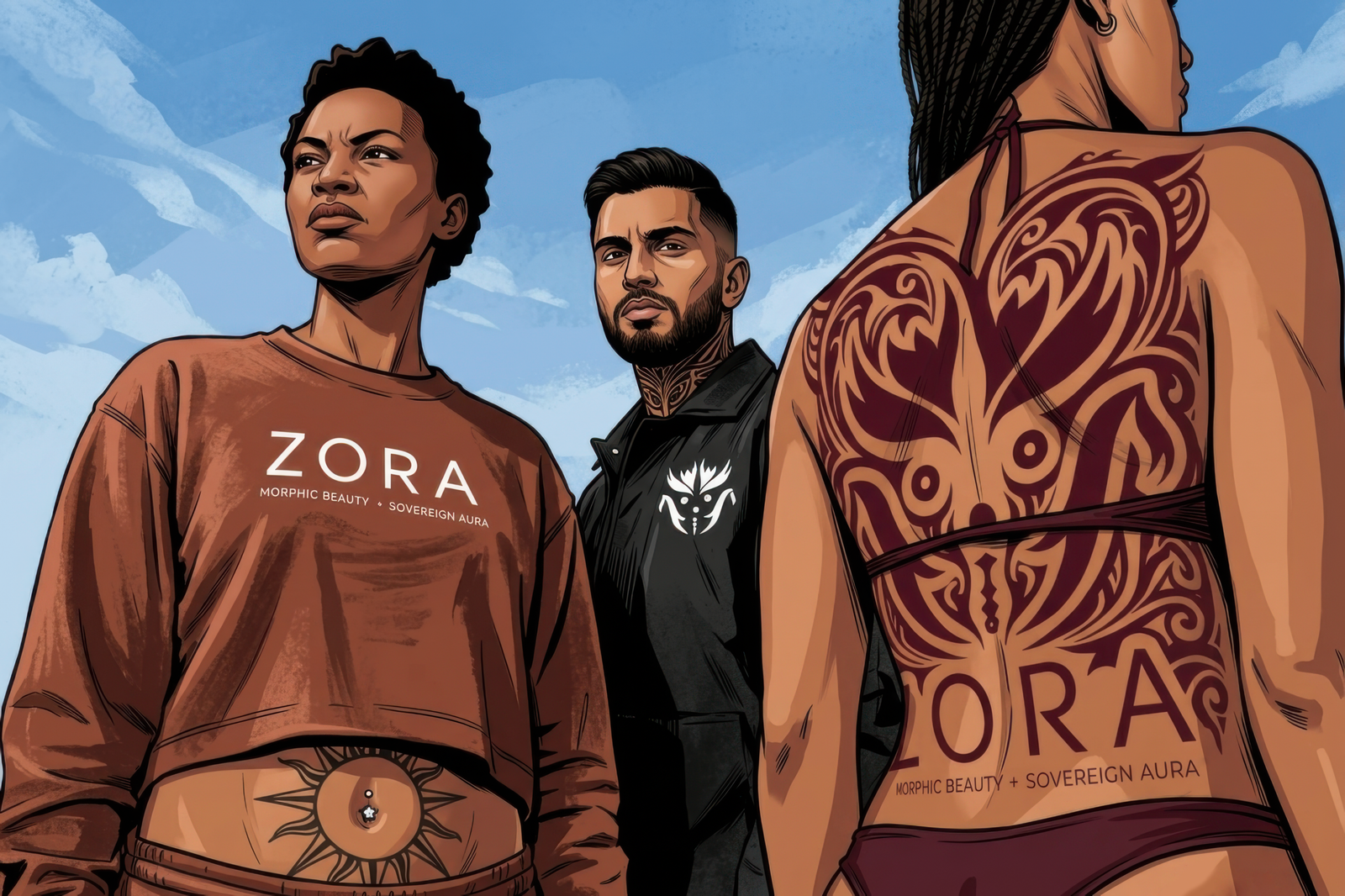Stylized illustration showing three figures outdoors under a blue sky. A woman on the left wears a cropped sweatshirt with the text ‘ZORA Morphic Beauty + Sovereign Aura.’ A man in the center wears a dark jacket with a Zora white emblem on the chest. Another woman on the right, seen from behind in a bikini, displays an elaborate back tattoo incorporating the same text.