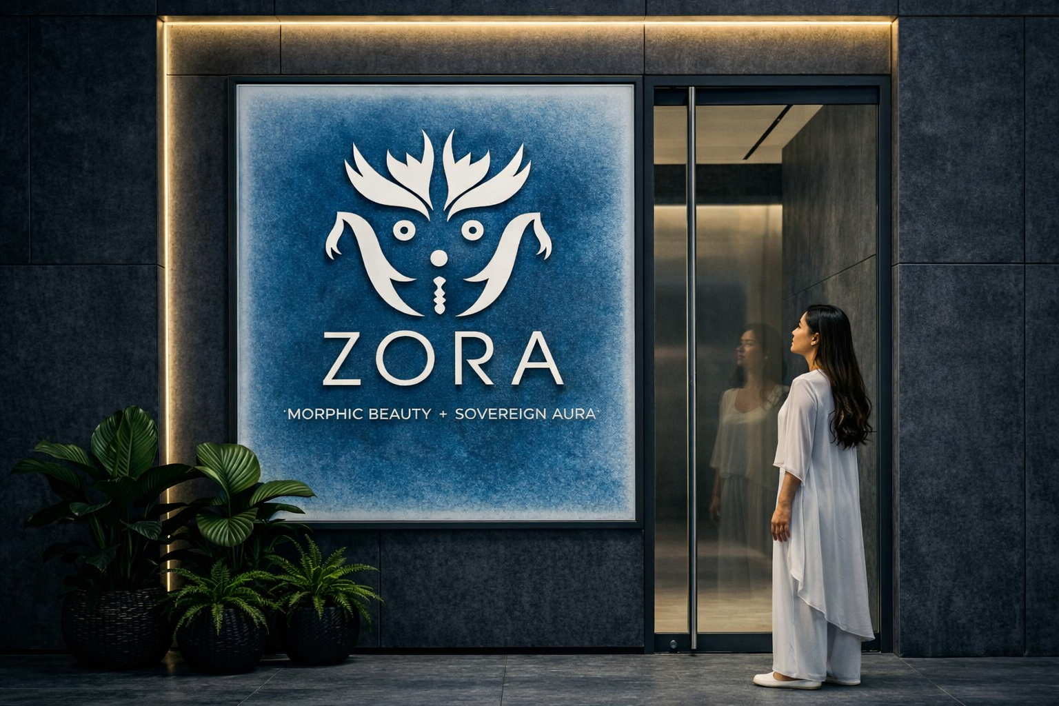 A woman in flowing white attire stands at the entrance of a modern building, beside a large illuminated Zora logo with the wordmark ‘ZORA’ and the tagline ‘Morphic Beauty + Sovereign Aura,’ framed by potted plants and a blue gradient background.