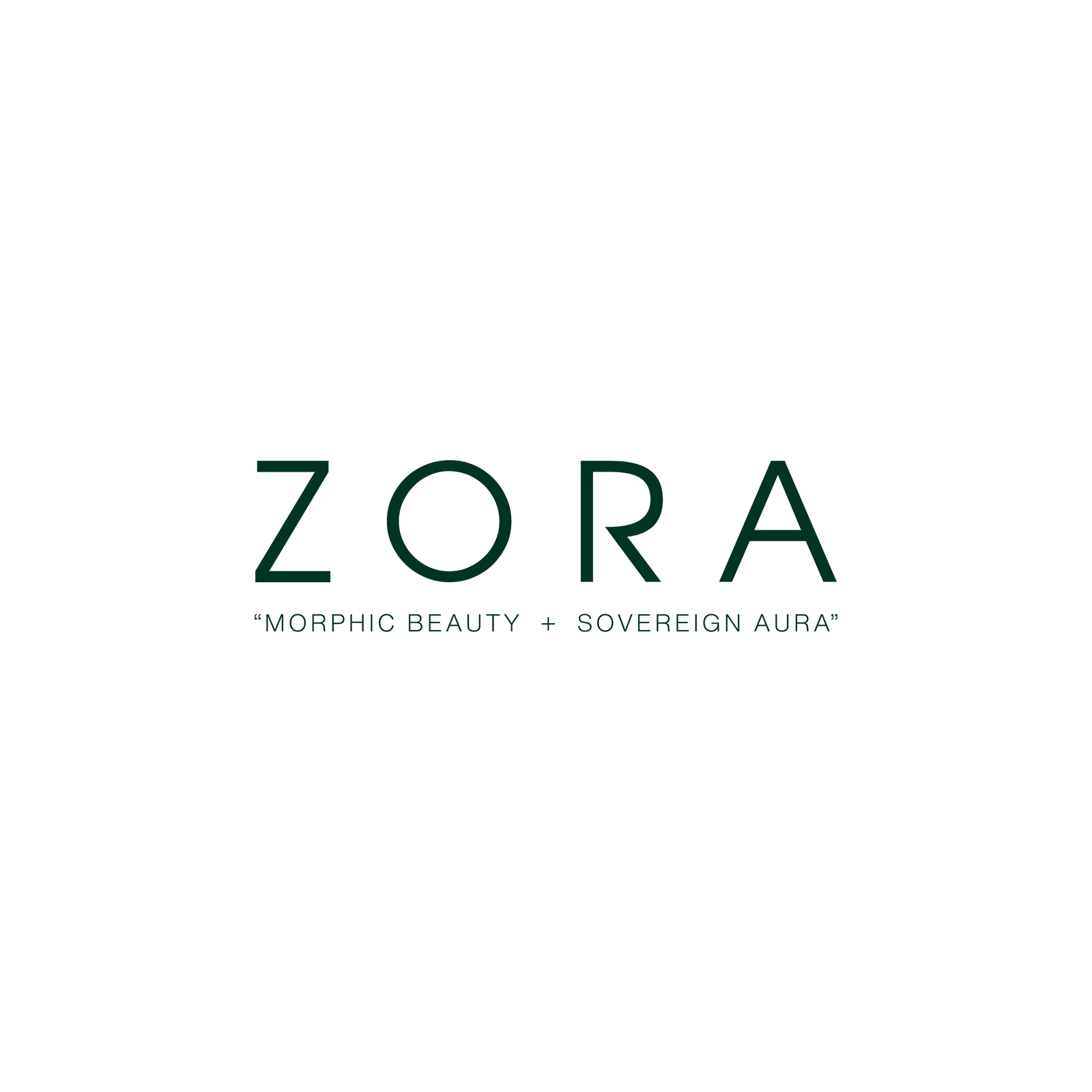 Minimalist Zora logotype in dark green uppercase letters on a white background, with tagline ‘Morphic Beauty + Sovereign Aura’ beneath.